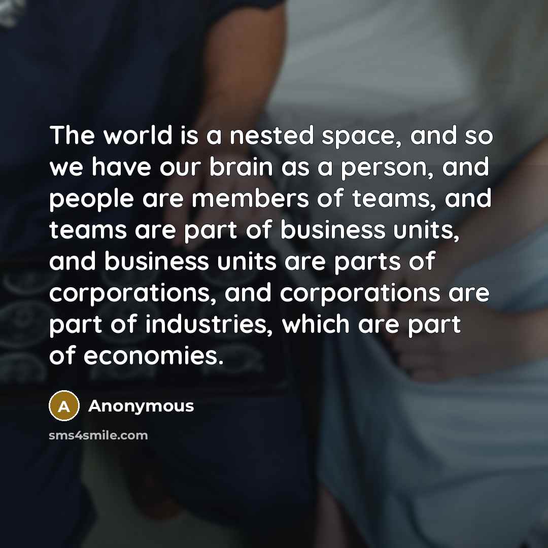 “The world is a nested space, and so we have our brain as a person, and people are members of teams, and teams are part of business units, and business units are parts of corporations, and corporations are part of industries, which are part of economies.” quote by Anonymous