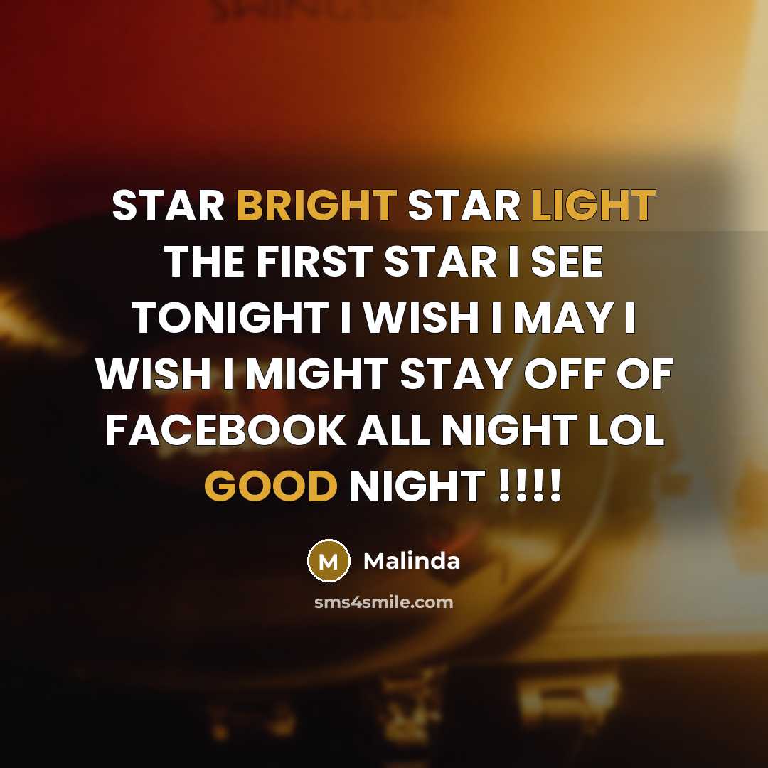 “STAR BRIGHT STAR LIGHT THE FIRST STAR I SEE TONIGHT I WISH I MAY I WISH I MIGHT STAY OFF OF FACEBOOK ALL NIGHT LOL GOOD NIGHT !!!!” quote by Malinda
