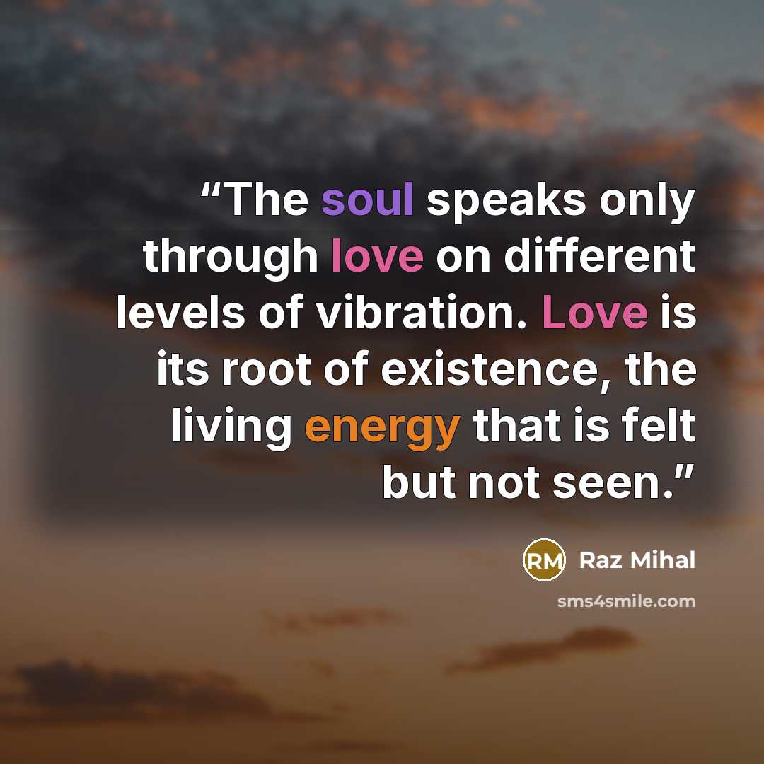 “The soul speaks only through love on different levels of vibration. Love is its root of existence, the living energy that is felt but not seen.” quote by Raz Mihal