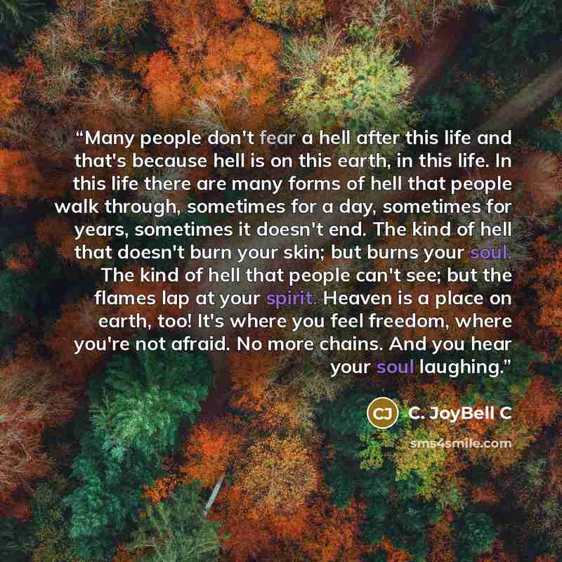 “Many people don't fear a hell after this life and that's because hell is on this earth, in this life. In this life there are many forms of hell that people walk through, sometimes for a day, sometimes for years, sometimes it doesn't end. The kind of hell that doesn't burn your skin; but burns your…” quote by C. JoyBell C