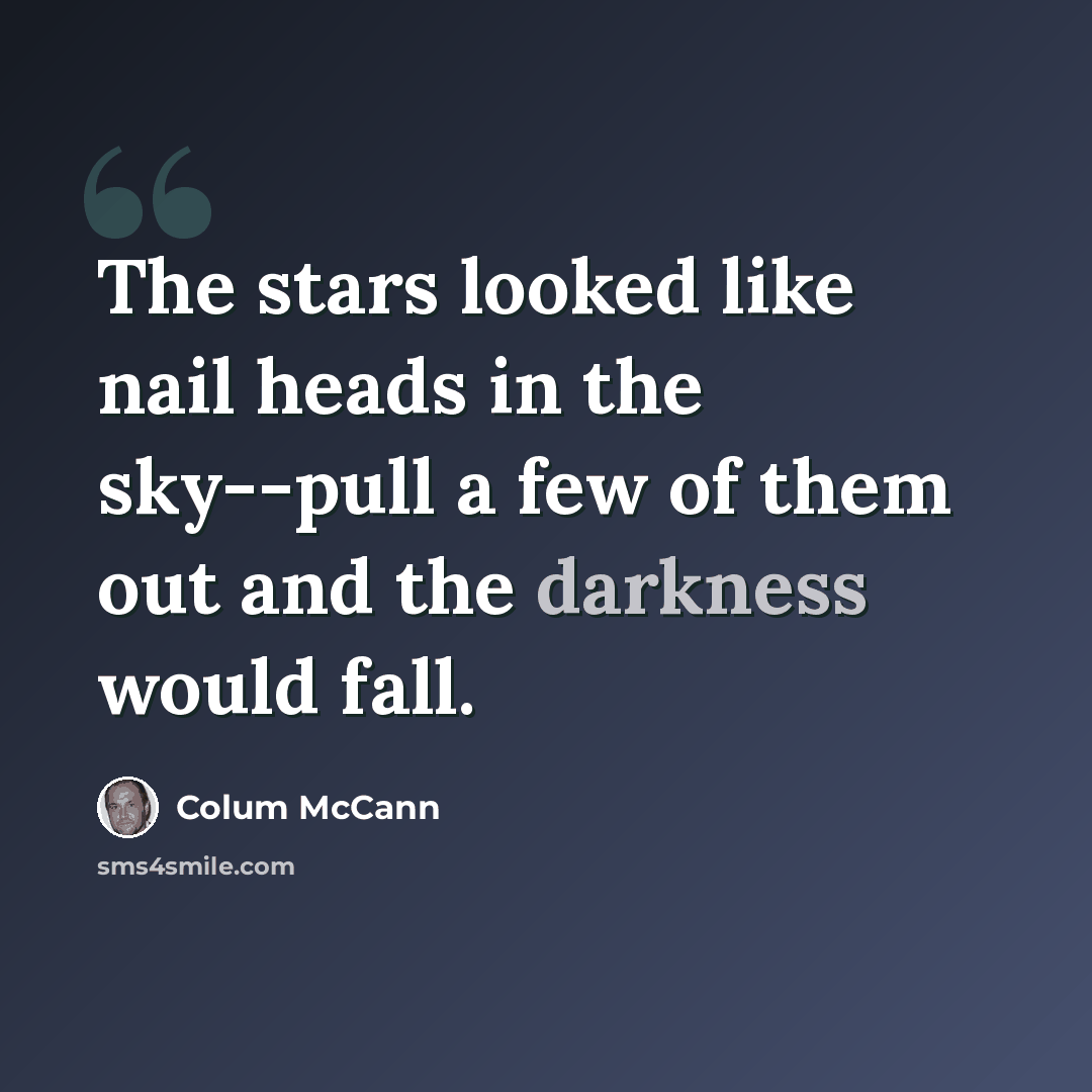 “The stars looked like nail heads in the sky--pull a few of them out and the darkness would fall.” quote by Colum McCann