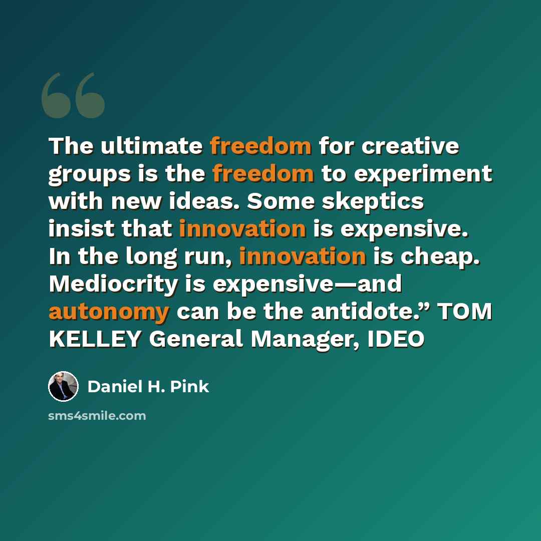 “The ultimate freedom for creative groups is the freedom to experiment with new ideas. Some skeptics insist that innovation is expensive. In the long run, innovation is cheap. Mediocrity is expensive—and autonomy can be the antidote.” TOM KELLEY General Manager, IDEO” quote by Daniel H. Pink