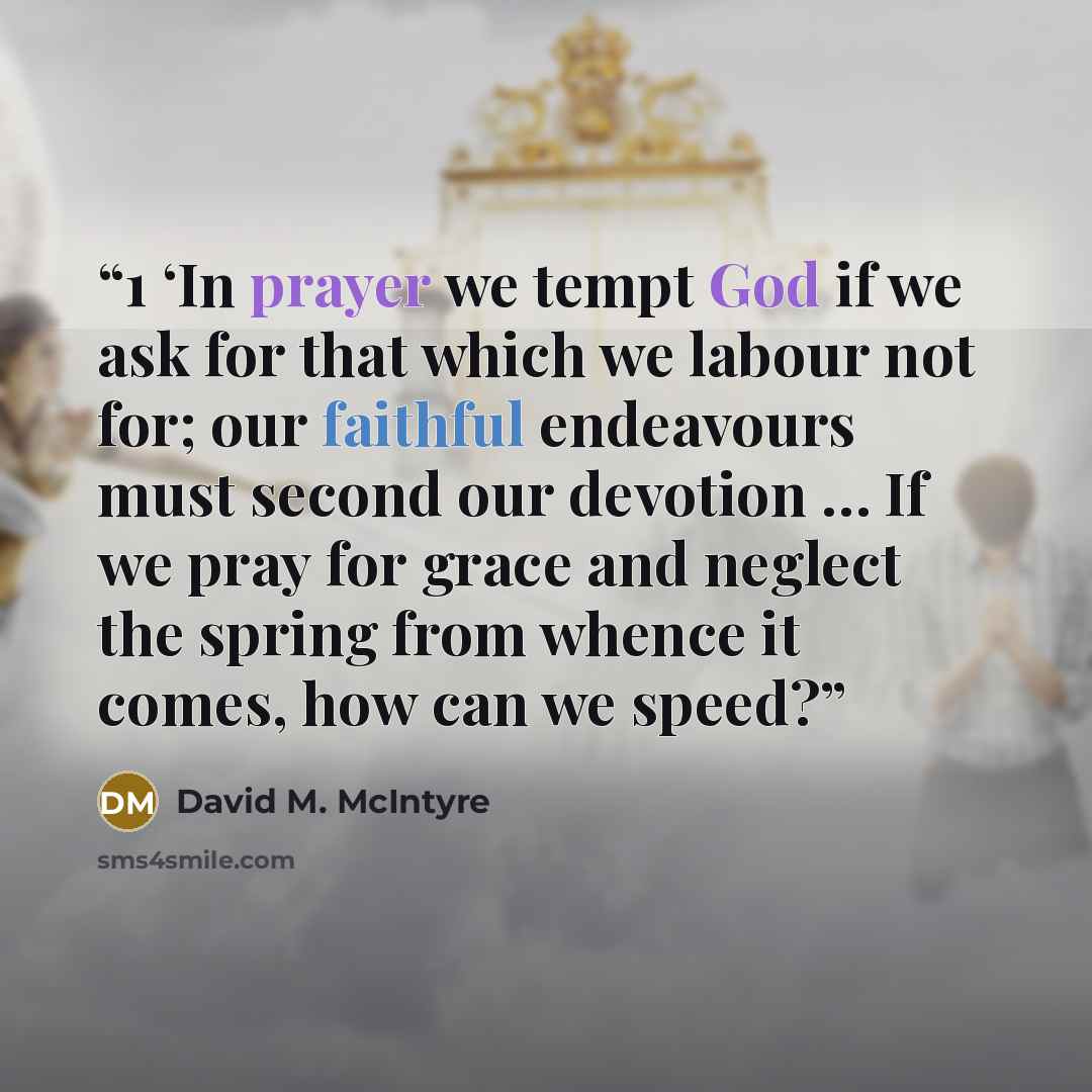 “1 ‘In prayer we tempt God if we ask for that which we labour not for; our faithful endeavours must second our devotion … If we pray for grace and neglect the spring from whence it comes, how can we speed?” quote by David M. McIntyre