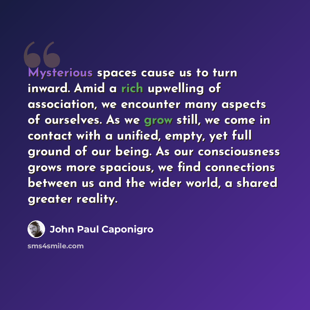 “Mysterious spaces cause us to turn inward. Amid a rich upwelling of association, we encounter many aspects of ourselves. As we grow still, we come in contact with a unified, empty, yet full ground of our being. As our consciousness grows more spacious, we find connections between us and the wider…” quote by John Paul Caponigro