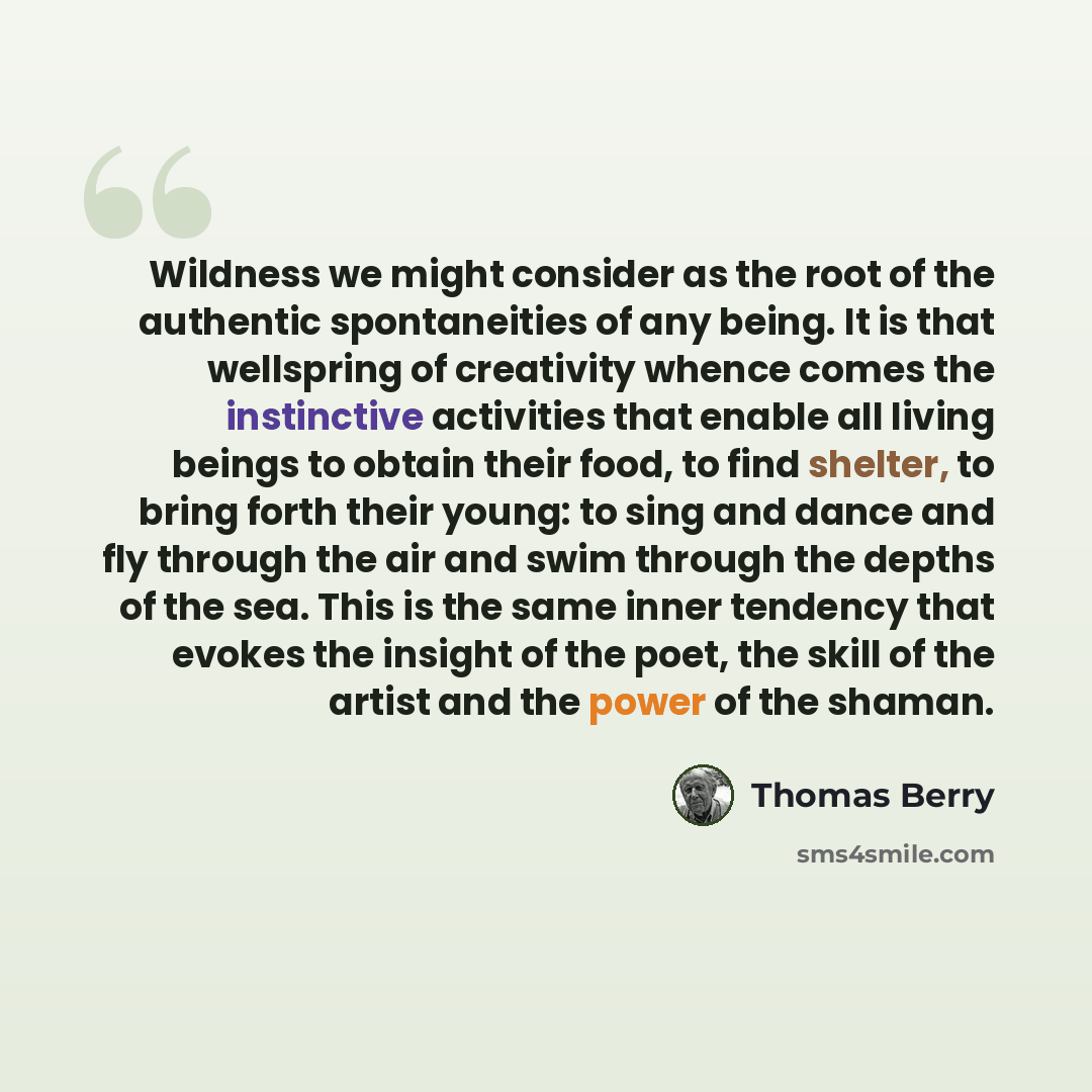 “Wildness we might consider as the root of the authentic spontaneities of any being. It is that wellspring of creativity whence comes the instinctive activities that enable all living beings to obtain their food, to find shelter, to bring forth their young: to sing and dance and fly through the air…” quote by Thomas Berry