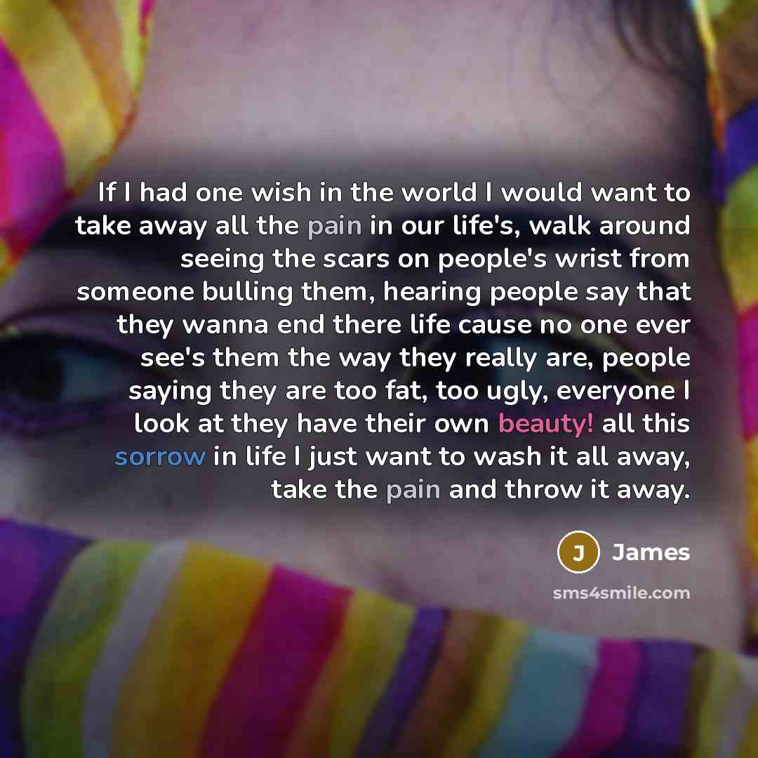 “If I had one wish in the world I would want to take away all the pain in our life's, walk around seeing the scars on people's wrist from someone bulling them, hearing people say that they wanna end there life cause no one ever see's them the way they really are, people saying they are too fat, too…” quote by James