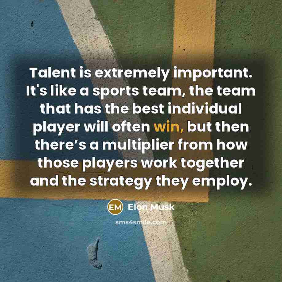 “Talent is extremely important. It's like a sports team, the team that has the best individual player will often win, but then there’s a multiplier from how those players work together and the strategy they employ.” quote by Elon Musk