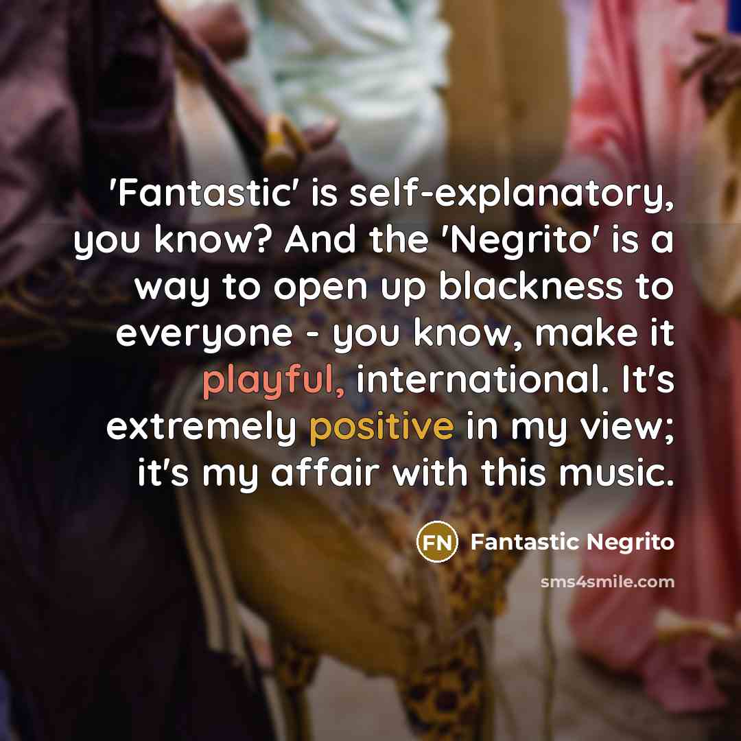 “'Fantastic' is self-explanatory, you know? And the 'Negrito' is a way to open up blackness to everyone - you know, make it playful, international. It's extremely positive in my view; it's my affair with this music.” quote by Fantastic Negrito