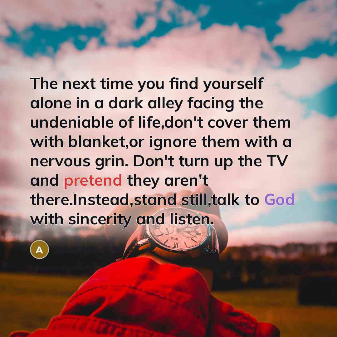 “The next time you find yourself alone in a dark alley facing the undeniable of life,don't cover them with blanket,or ignore them with a nervous grin. Don't turn up the TV and pretend they aren't there.Instead,stand still,talk to God with sincerity and listen.” quote by Anonymous