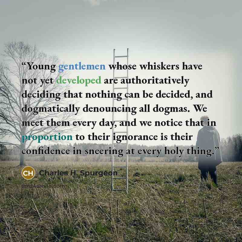 “Young gentlemen whose whiskers have not yet developed are authoritatively deciding that nothing can be decided, and dogmatically denouncing all dogmas. We meet them every day, and we notice that in proportion to their ignorance is their confidence in sneering at every holy thing.” quote by Charles H. Spurgeon