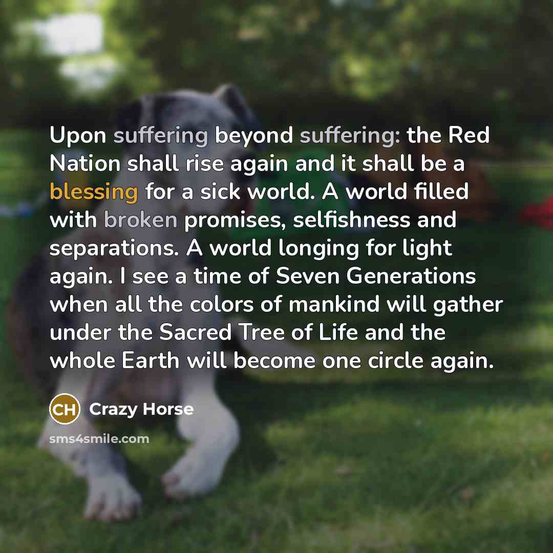 “Upon suffering beyond suffering: the Red Nation shall rise again and it shall be a blessing for a sick world. A world filled with broken promises, selfishness and separations. A world longing for light again. I see a time of Seven Generations when all the colors of mankind will gather under the…” quote by Crazy Horse