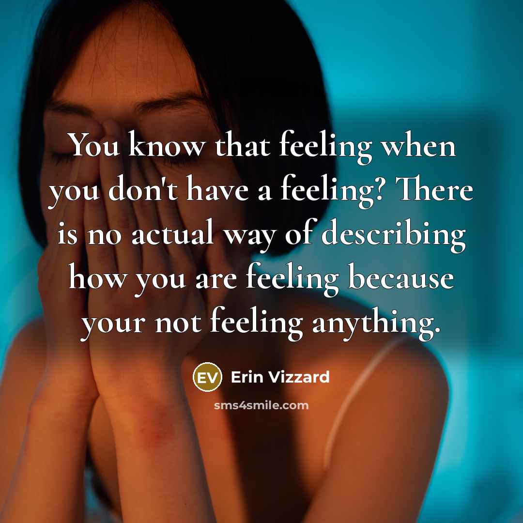 “You know that feeling when you don't have a feeling? There is no actual way of describing how you are feeling because your not feeling anything.” quote by Erin Vizzard
