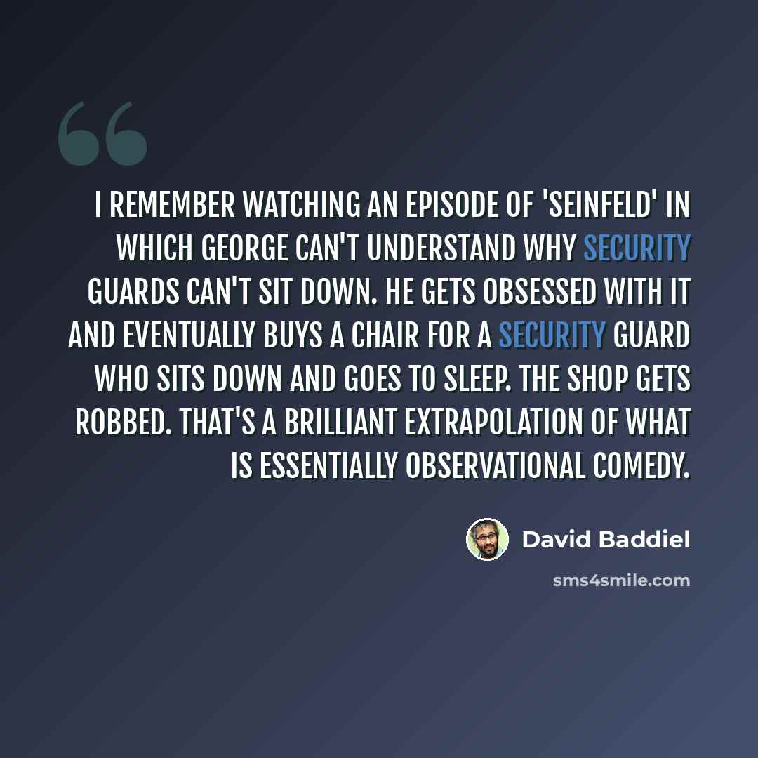 “I remember watching an episode of 'Seinfeld' in which George can't understand why security guards can't sit down. He gets obsessed with it and eventually buys a chair for a security guard who sits down and goes to sleep. The shop gets robbed. That's a brilliant extrapolation of what is essentially…” quote by David Baddiel