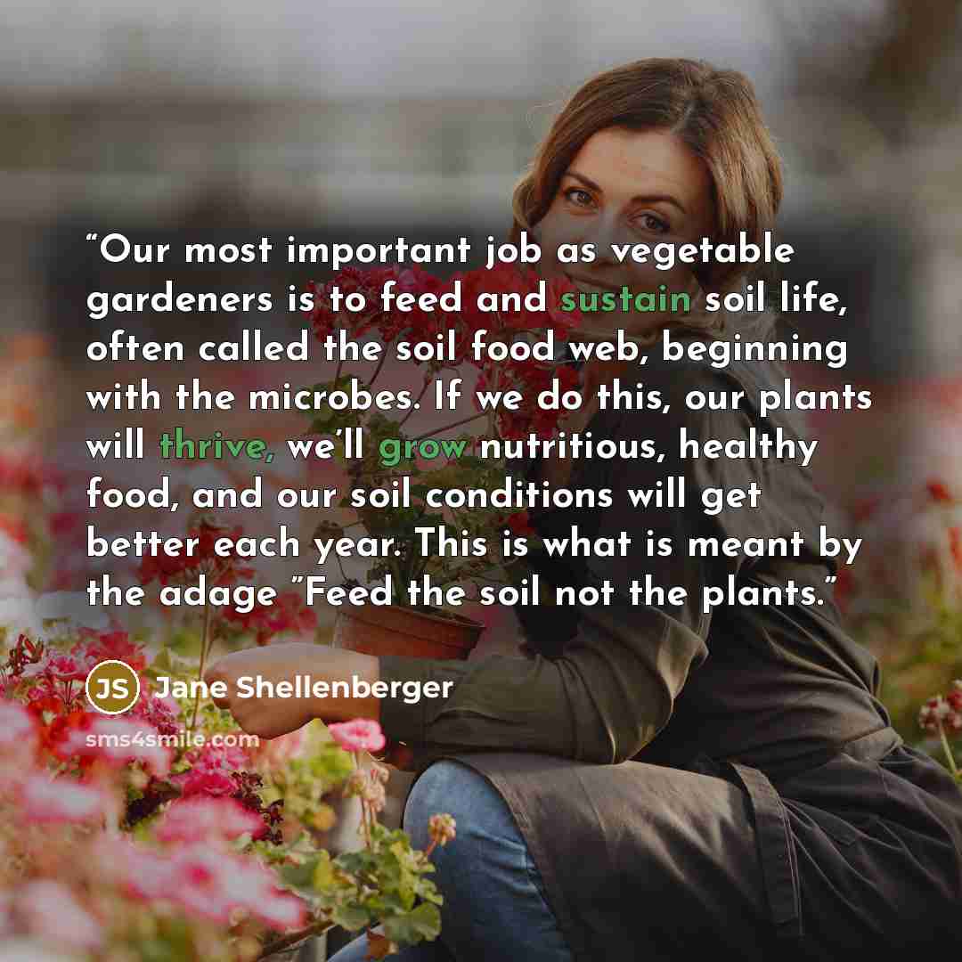 “Our most important job as vegetable gardeners is to feed and sustain soil life, often called the soil food web, beginning with the microbes. If we do this, our plants will thrive, we’ll grow nutritious, healthy food, and our soil conditions will get better each year. This is what is meant by the…” quote by Jane Shellenberger