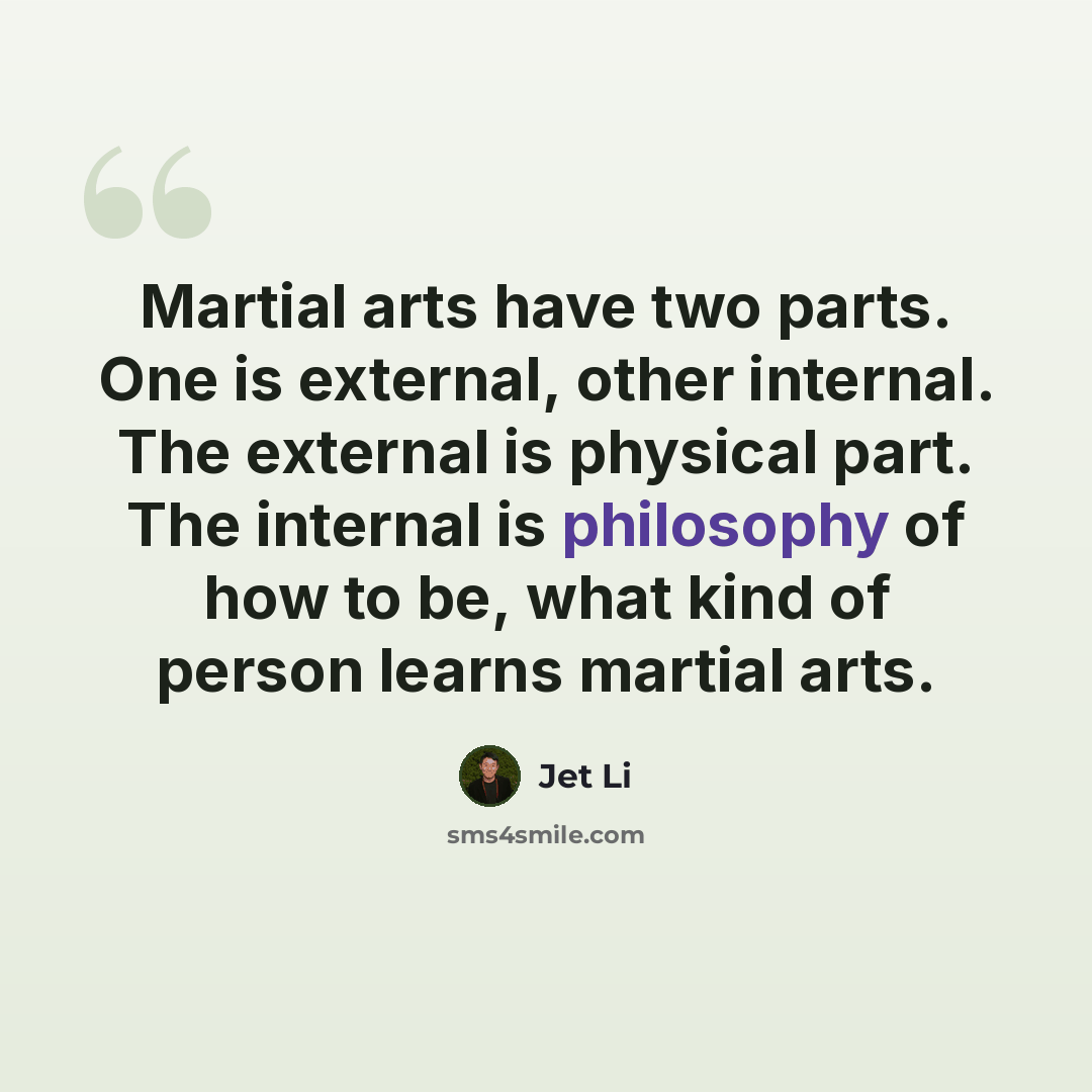 “Martial arts have two parts. One is external, other internal. The external is physical part. The internal is philosophy of how to be, what kind of person learns martial arts.” quote by Jet Li