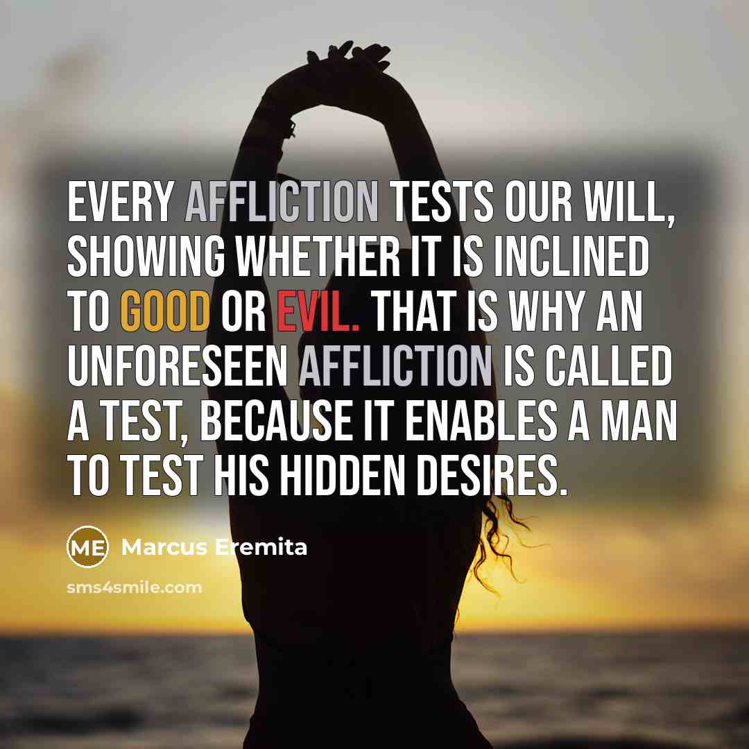 “Every affliction tests our will, showing whether it is inclined to good or evil. That is why an unforeseen affliction is called a test, because it enables a man to test his hidden desires.” quote by Marcus Eremita