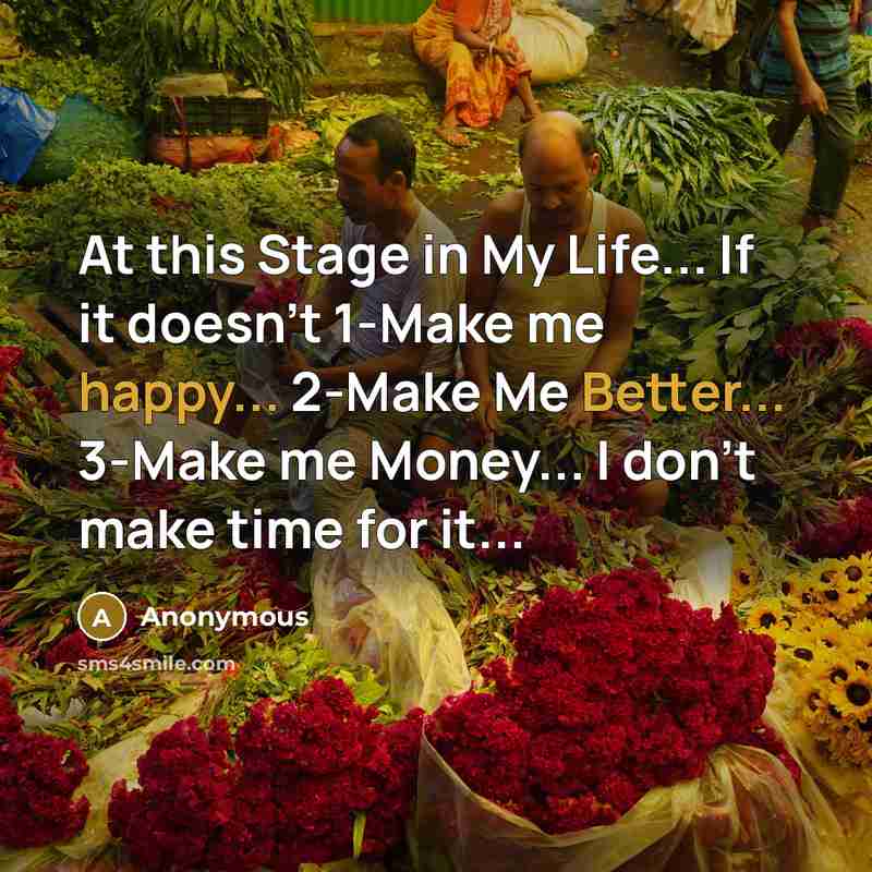 “At this Stage in My Life... If it doesn't 1-Make me happy... 2-Make Me Better... 3-Make me Money... I don't make time for it...” quote by Anonymous