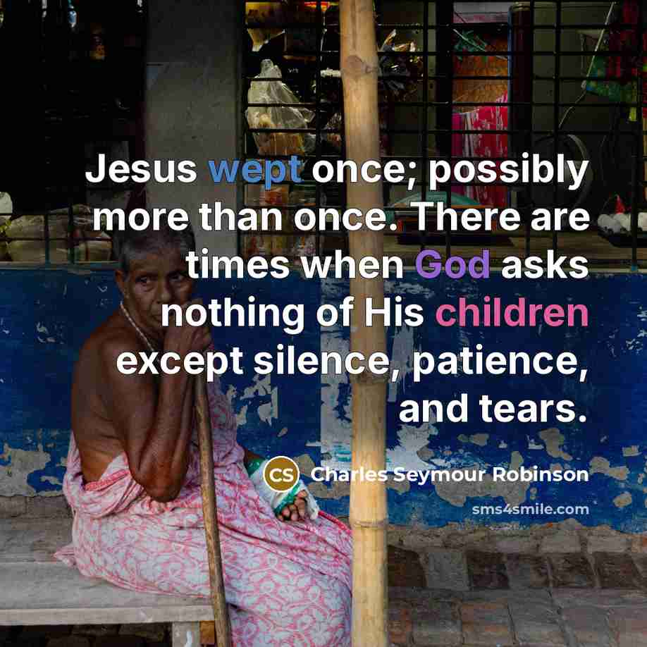 “Jesus wept once; possibly more than once. There are times when God asks nothing of His children except silence, patience, and tears.” quote by Charles Seymour Robinson