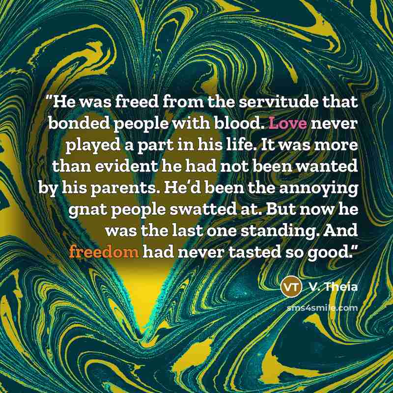 “He was freed from the servitude that bonded people with blood. Love never played a part in his life. It was more than evident he had not been wanted by his parents. He’d been the annoying gnat people swatted at. But now he was the last one standing. And freedom had never tasted so good.” quote by V. Theia