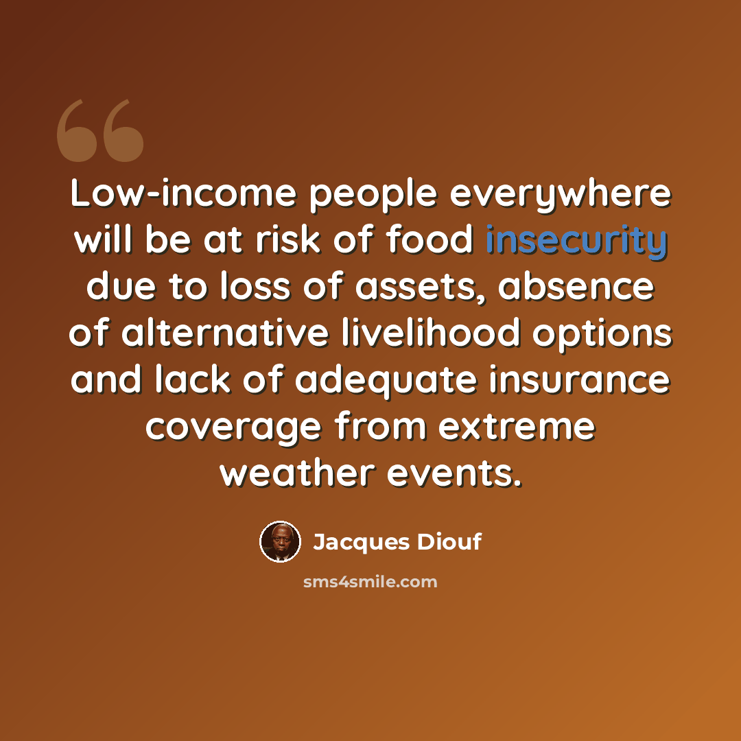 “Low-income people everywhere will be at risk of food insecurity due to loss of assets, absence of alternative livelihood options and lack of adequate insurance coverage from extreme weather events.” quote by Jacques Diouf
