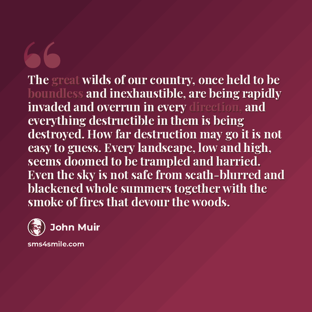 “The great wilds of our country, once held to be boundless and inexhaustible, are being rapidly invaded and overrun in every direction, and everything destructible in them is being destroyed. How far destruction may go it is not easy to guess. Every landscape, low and high, seems doomed to be…” quote by John Muir