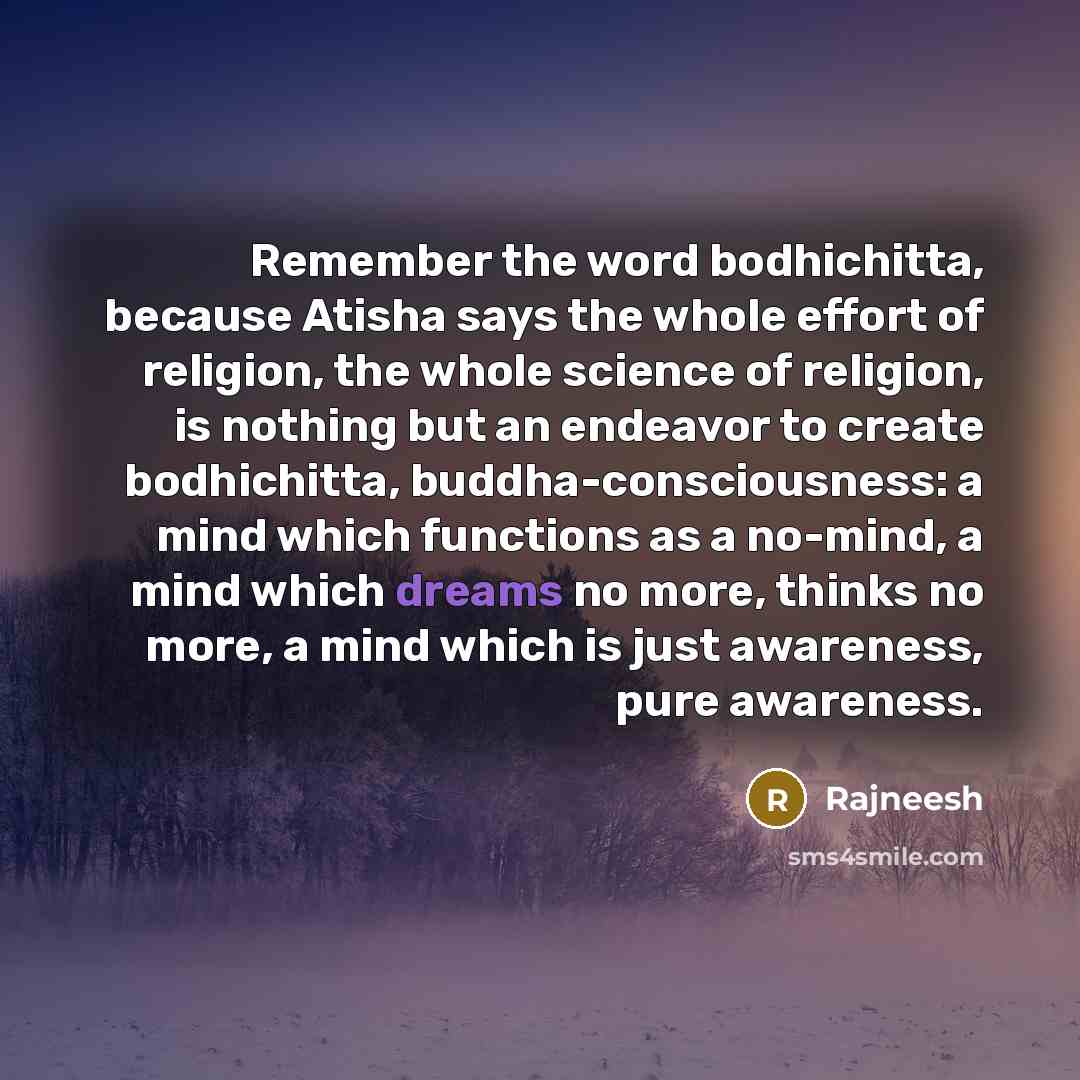 “Remember the word bodhichitta, because Atisha says the whole effort of religion, the whole science of religion, is nothing but an endeavor to create bodhichitta, buddha-consciousness: a mind which functions as a no-mind, a mind which dreams no more, thinks no more, a mind which is just awareness…” quote by Rajneesh