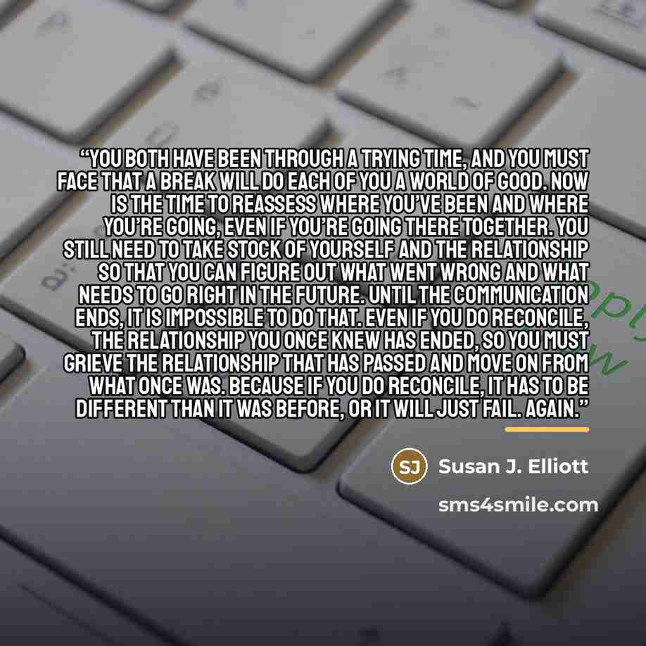 “You both have been through a trying time, and you must face that a break will do each of you a world of good. Now is the time to reassess where you’ve been and where you’re going, even if you’re going there together. You still need to take stock of yourself and the relationship so that you can…” quote by Susan J. Elliott