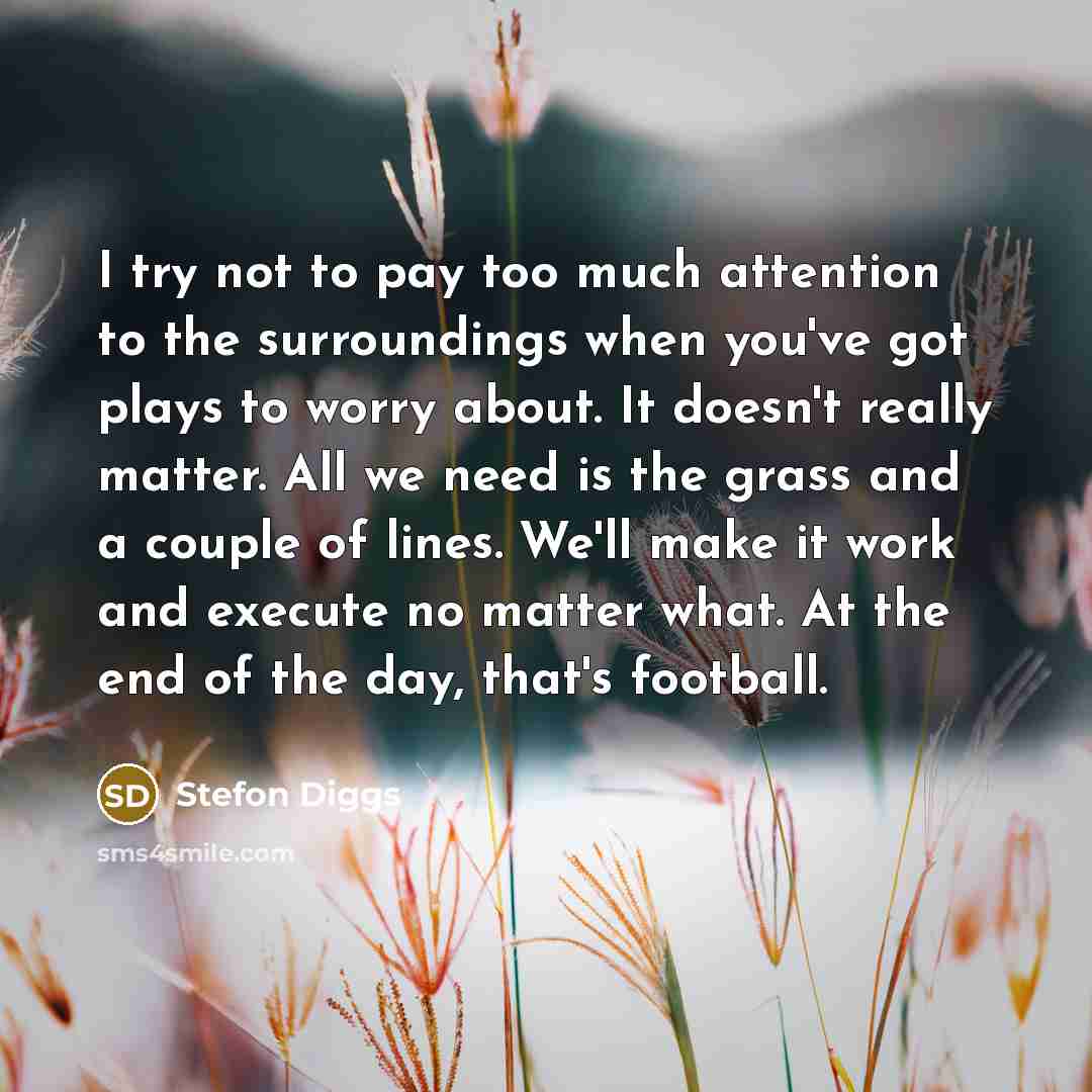 “I try not to pay too much attention to the surroundings when you've got plays to worry about. It doesn't really matter. All we need is the grass and a couple of lines. We'll make it work and execute no matter what. At the end of the day, that's football.” quote by Stefon Diggs