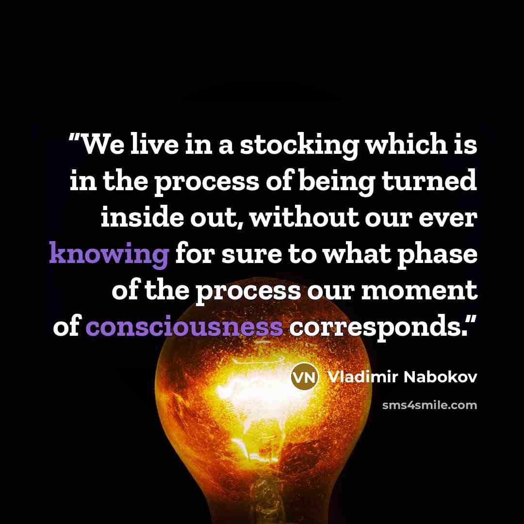 “We live in a stocking which is in the process of being turned inside out, without our ever knowing for sure to what phase of the process our moment of consciousness corresponds.” quote by Vladimir Nabokov
