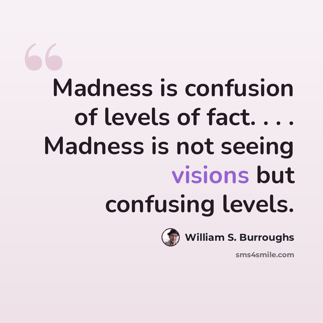 “Madness is confusion of levels of fact. . . . Madness is not seeing visions but confusing levels.” quote by William S. Burroughs