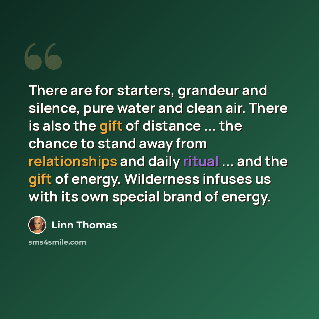 “There are for starters, grandeur and silence, pure water and clean air. There is also the gift of distance ... the chance to stand away from relationships and daily ritual ... and the gift of energy. Wilderness infuses us with its own special brand of energy.” quote by Linn Thomas