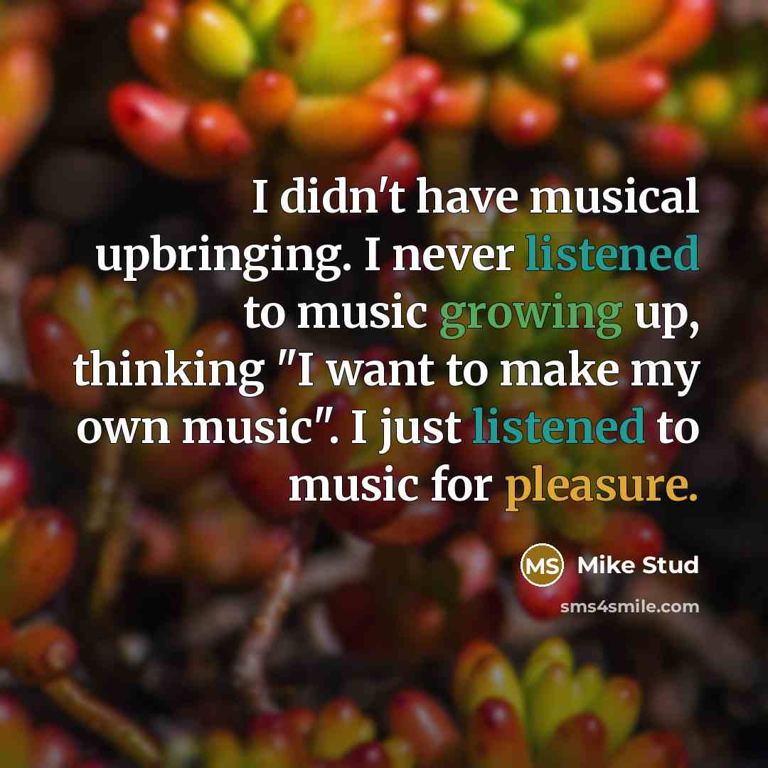 “I didn't have musical upbringing. I never listened to music growing up, thinking "I want to make my own music". I just listened to music for pleasure.” quote by Mike Stud