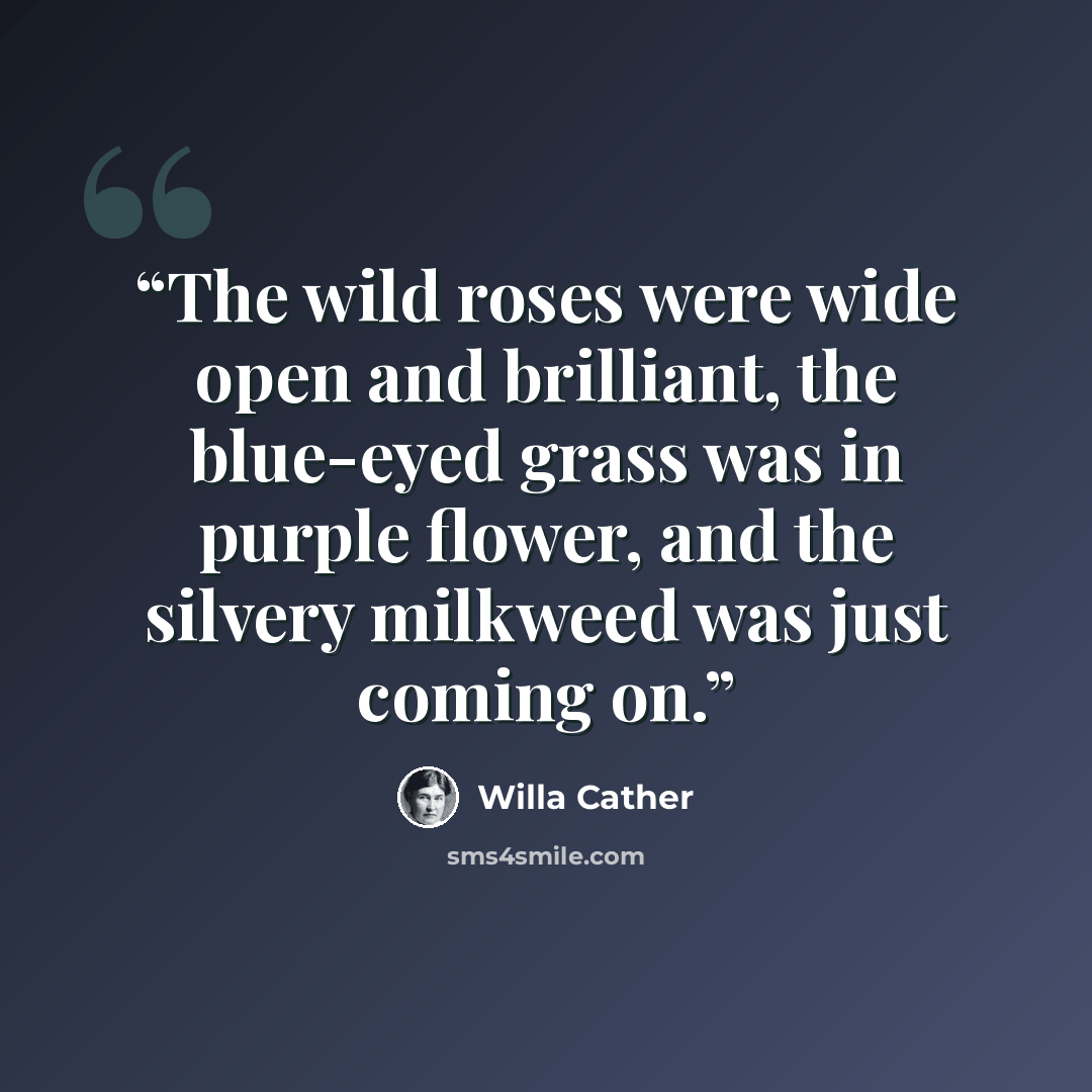 “The wild roses were wide open and brilliant, the blue-eyed grass was in purple flower, and the silvery milkweed was just coming on.” quote by Willa Cather