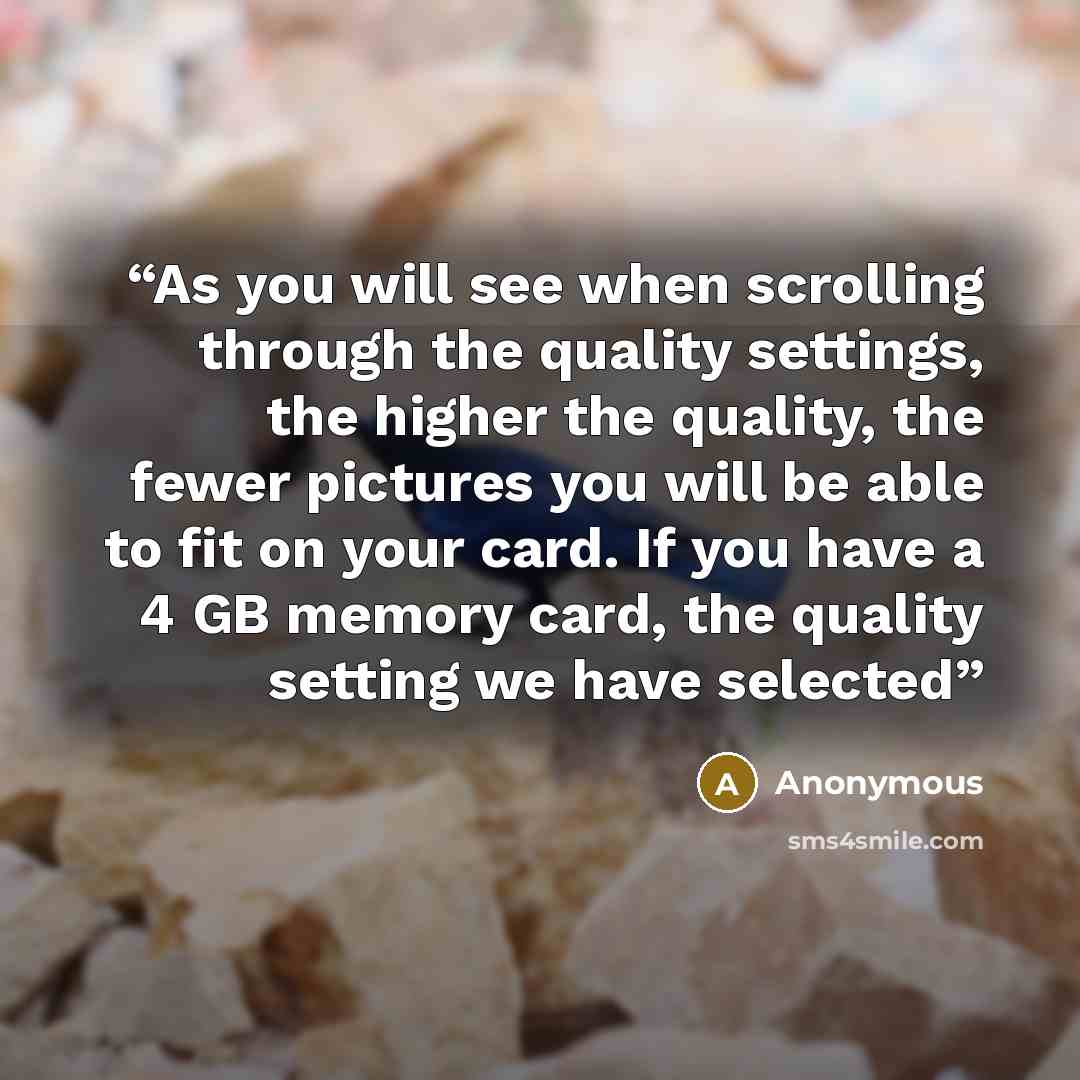 “As you will see when scrolling through the quality settings, the higher the quality, the fewer pictures you will be able to fit on your card. If you have a 4 GB memory card, the quality setting we have selected” quote by Anonymous