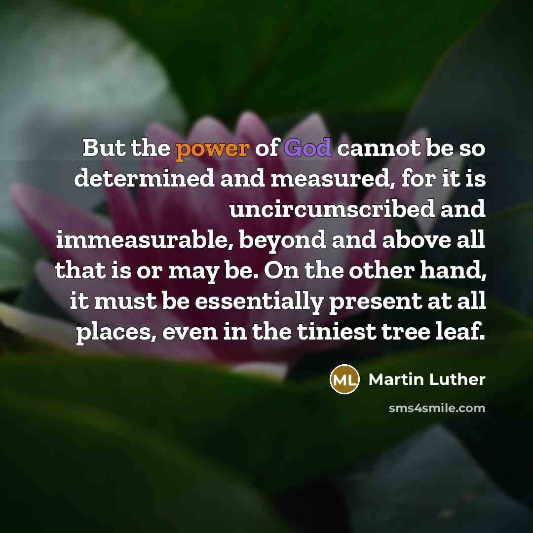“But the power of God cannot be so determined and measured, for it is uncircumscribed and immeasurable, beyond and above all that is or may be. On the other hand, it must be essentially present at all places, even in the tiniest tree leaf.” quote by Martin Luther