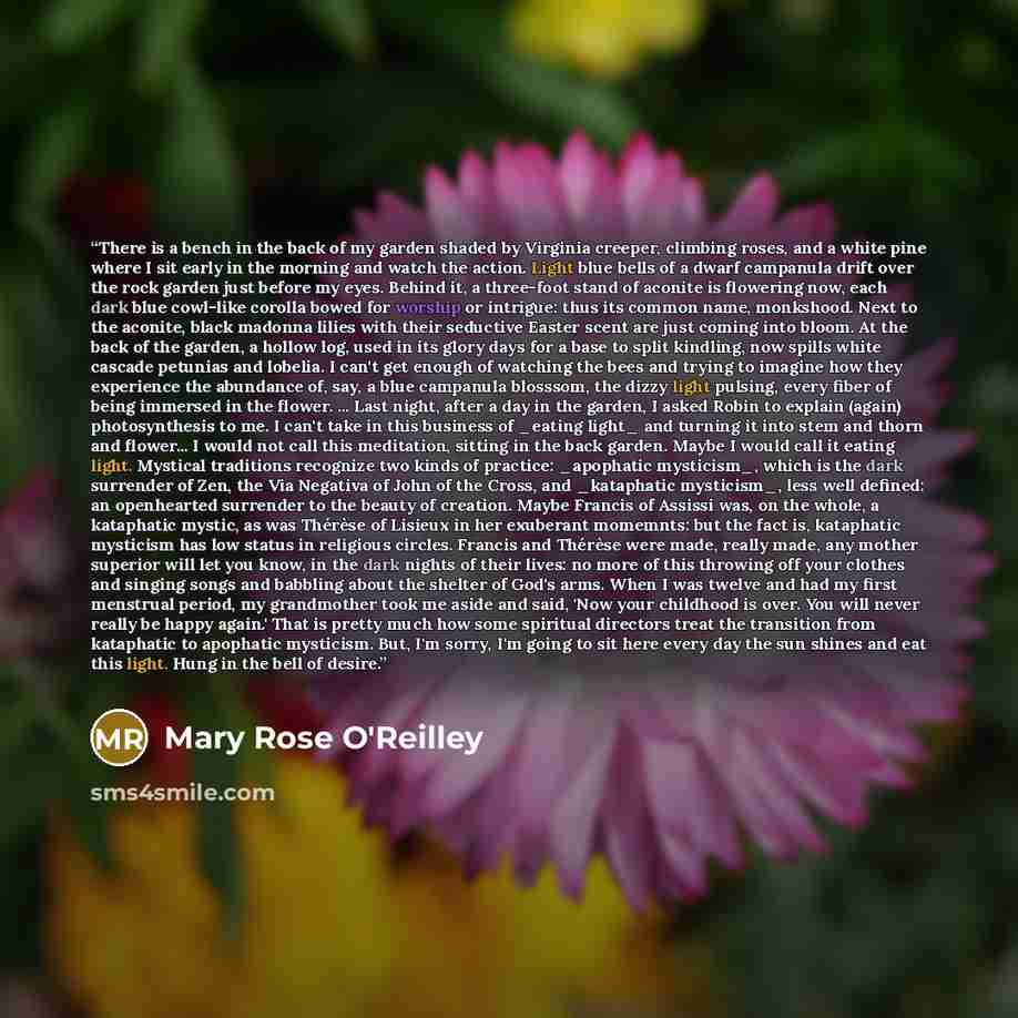 “There is a bench in the back of my garden shaded by Virginia creeper, climbing roses, and a white pine where I sit early in the morning and watch the action. Light blue bells of a dwarf campanula drift over the rock garden just before my eyes. Behind it, a three-foot stand of aconite is flowering…” quote by Mary Rose O'Reilley