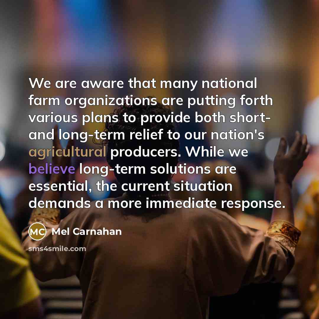 “We are aware that many national farm organizations are putting forth various plans to provide both short- and long-term relief to our nation's agricultural producers. While we believe long-term solutions are essential, the current situation demands a more immediate response.” quote by Mel Carnahan