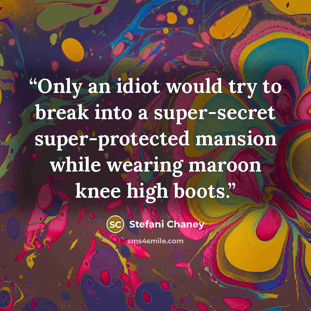 “Only an idiot would try to break into a super-secret super-protected mansion while wearing maroon knee high boots.” quote by Stefani Chaney