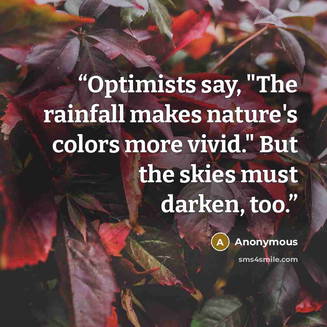 “Optimists say, "The rainfall makes nature's colors more vivid." But the skies must darken, too.” quote by Anonymous