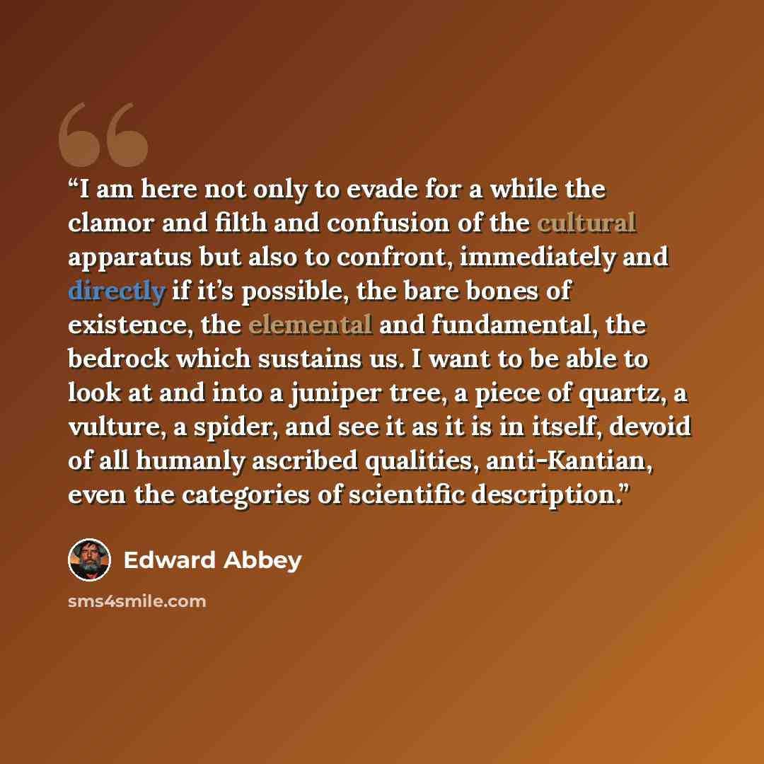 “I am here not only to evade for a while the clamor and filth and confusion of the cultural apparatus but also to confront, immediately and directly if it’s possible, the bare bones of existence, the elemental and fundamental, the bedrock which sustains us. I want to be able to look at and into a…” quote by Edward Abbey
