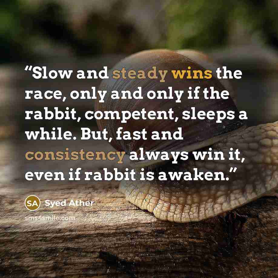 “Slow and steady wins the race, only and only if the rabbit, competent, sleeps a while. But, fast and consistency always win it, even if rabbit is awaken.” quote by Syed Ather