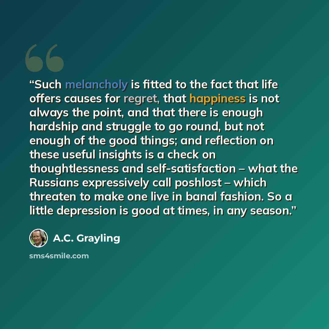 “Such melancholy is fitted to the fact that life offers causes for regret, that happiness is not always the point, and that there is enough hardship and struggle to go round, but not enough of the good things; and reflection on these useful insights is a check on thoughtlessness and…” quote by A.C. Grayling