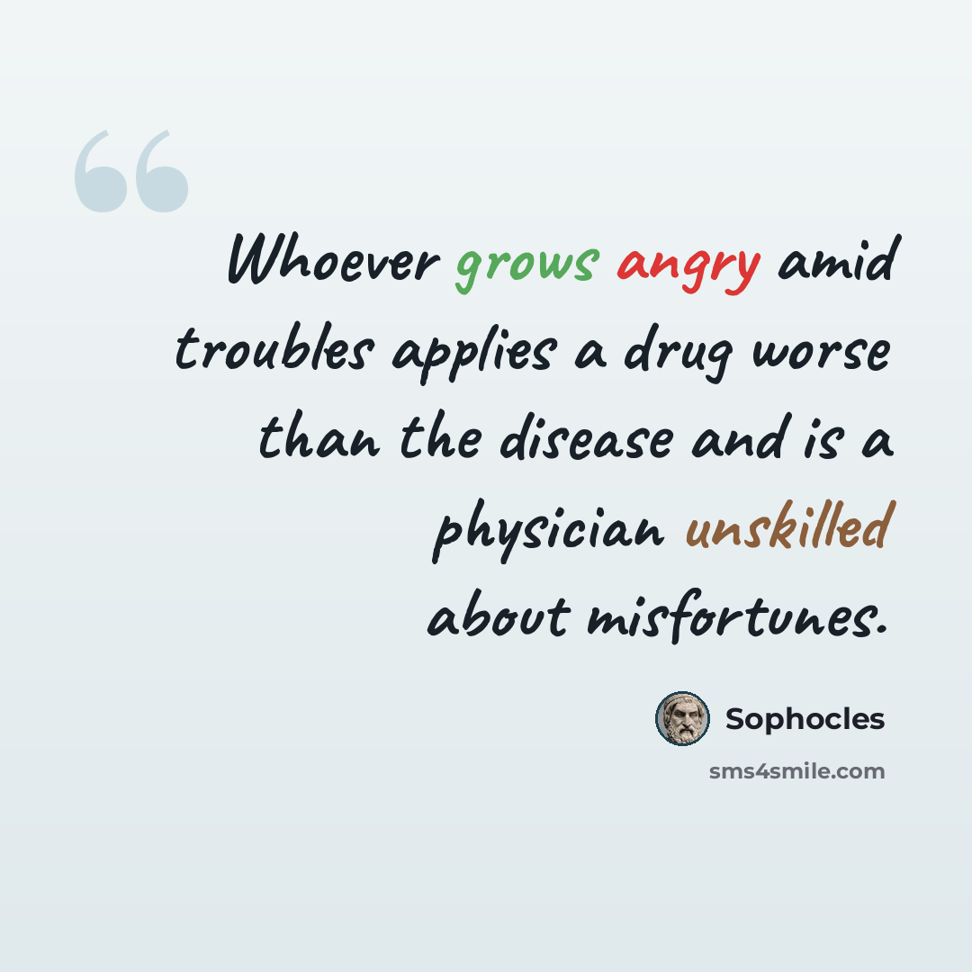 “Whoever grows angry amid troubles applies a drug worse than the disease and is a physician unskilled about misfortunes.” quote by Sophocles