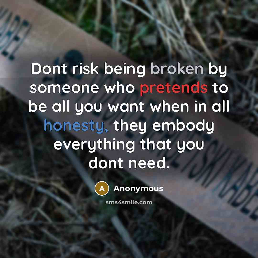 “Dont risk being broken by someone who pretends to be all you want when in all honesty, they embody everything that you dont need.” quote by Anonymous