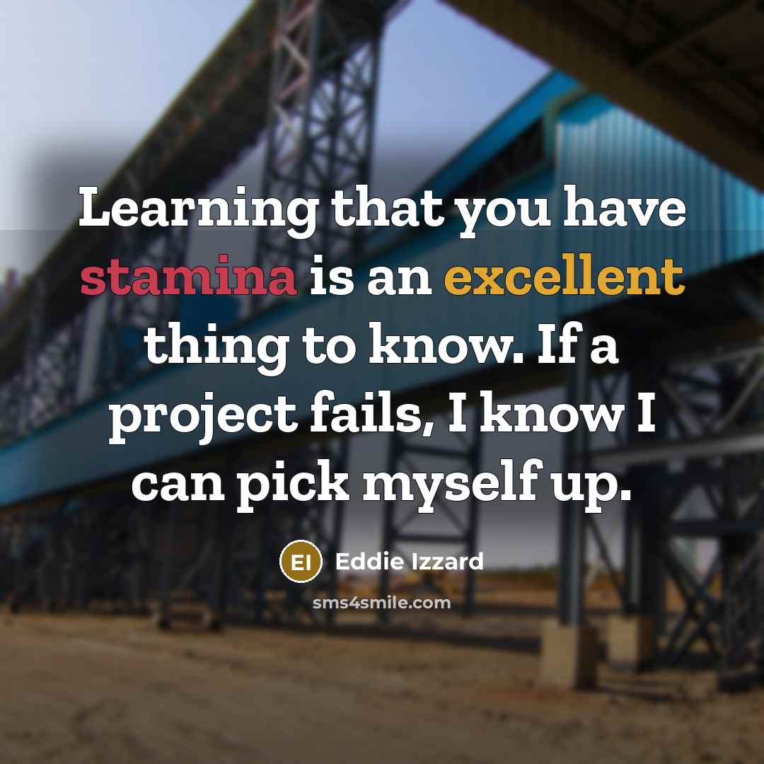 “Learning that you have stamina is an excellent thing to know. If a project fails, I know I can pick myself up.” quote by Eddie Izzard