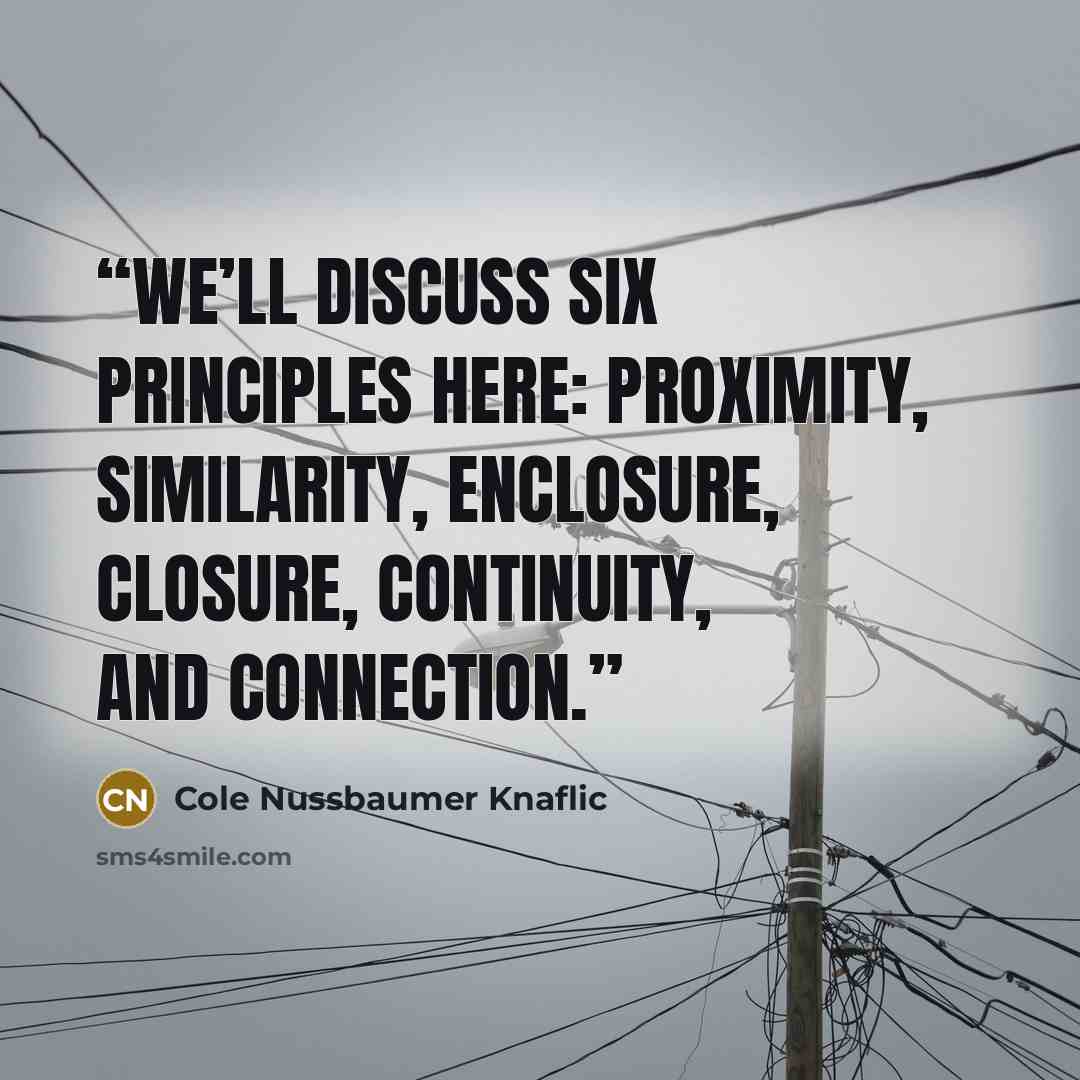 “We’ll discuss six principles here: proximity, similarity, enclosure, closure, continuity, and connection.” quote by Cole Nussbaumer Knaflic
