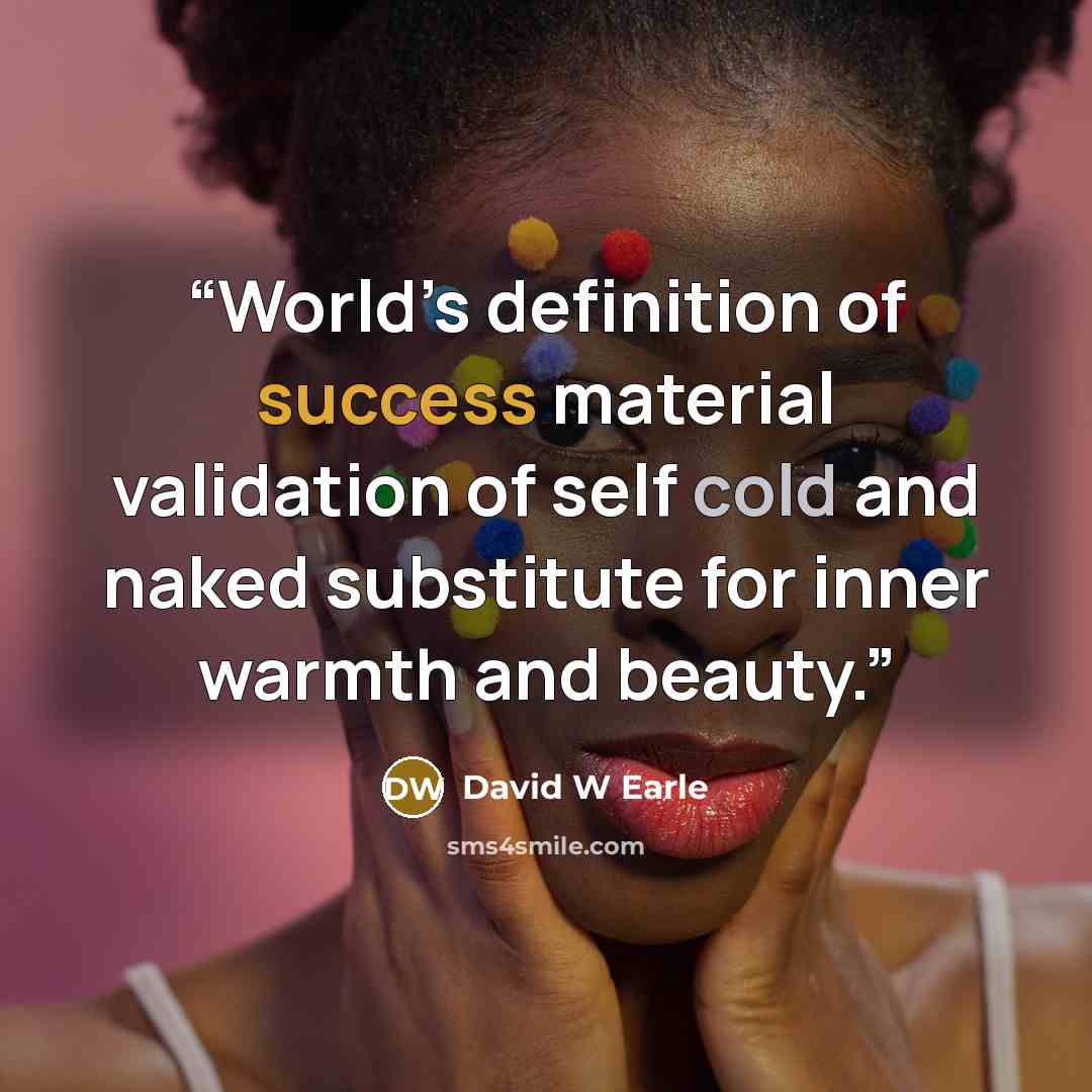 “World’s definition of success material validation of self cold and naked substitute for inner warmth and beauty.” quote by David W Earle