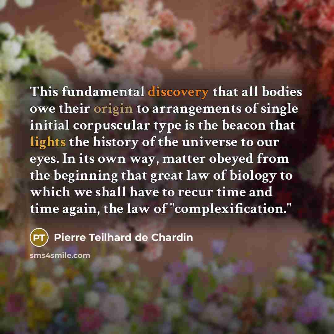 “This fundamental discovery that all bodies owe their origin to arrangements of single initial corpuscular type is the beacon that lights the history of the universe to our eyes. In its own way, matter obeyed from the beginning that great law of biology to which we shall have to recur time and time…” quote by Pierre Teilhard de Chardin