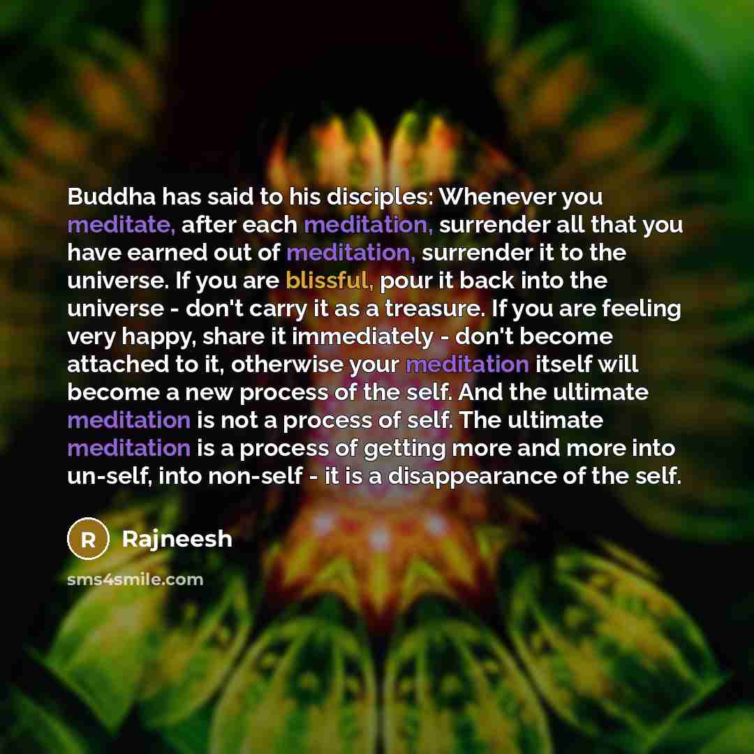 “Buddha has said to his disciples: Whenever you meditate, after each meditation, surrender all that you have earned out of meditation, surrender it to the universe. If you are blissful, pour it back into the universe - don't carry it as a treasure. If you are feeling very happy, share it…” quote by Rajneesh