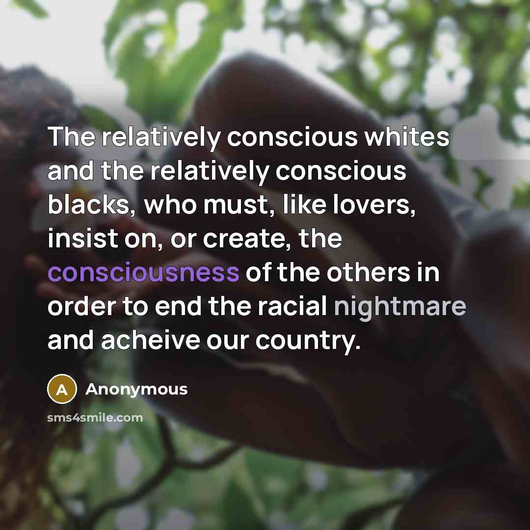 “The relatively conscious whites and the relatively conscious blacks, who must, like lovers, insist on, or create, the consciousness of the others in order to end the racial nightmare and acheive our country.” quote by Anonymous